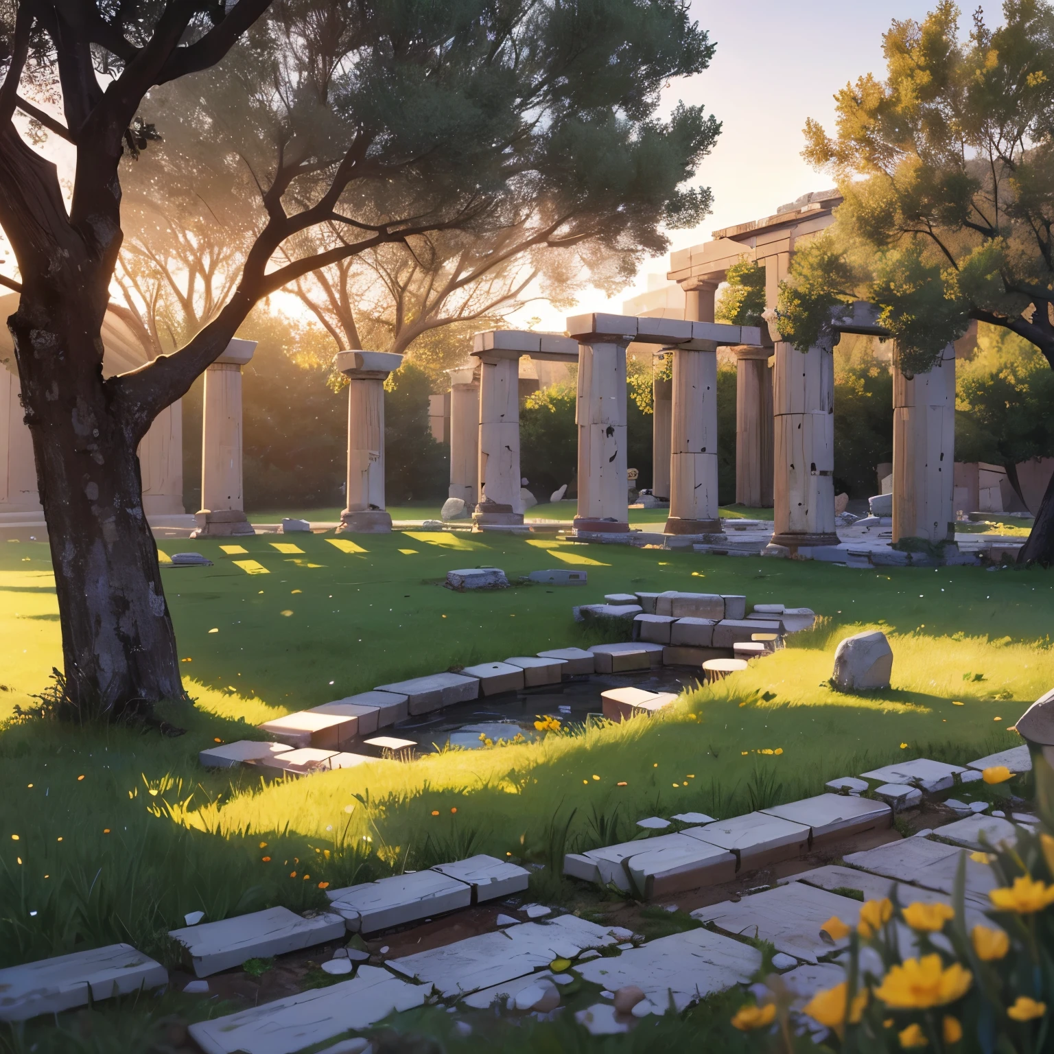 can you add a grassy field with flowers, particles, sunlight hitting, slightly setting sun, rubble around, pottery scattered, fallen pillars, ancient greece, olive trees seen in the distance