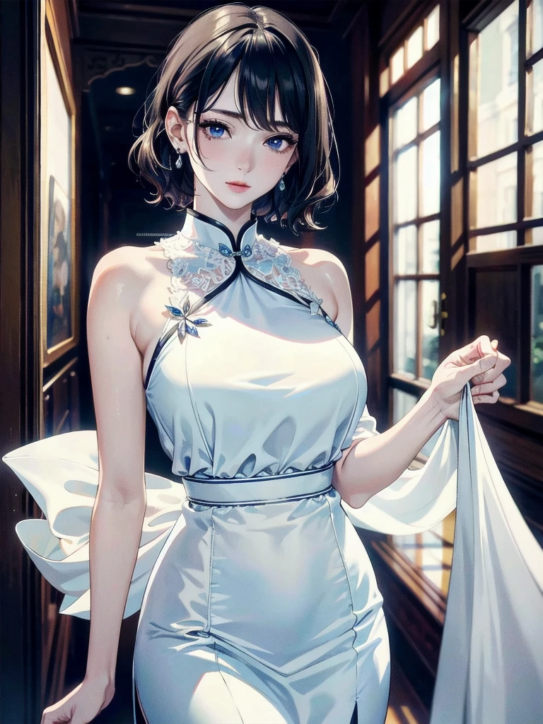 absurdres, RAW photo, extremely delicate and beautiful, masterpiece, Best Quality, ultra high resolution, 32k, hyperrealistic, ultra-detailed, detailed description, pale skin, 20 years old, detailed beautiful face and eyes, tearful mole, earring, very huge round breasts, short medium hair, wavy hair, full body shot, cheongsam, halterneck,