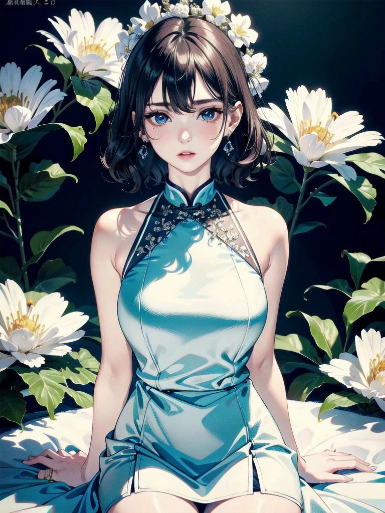 absurdres, RAW photo, extremely delicate and beautiful, masterpiece, Best Quality, ultra high resolution, 32k, hyperrealistic, ultra-detailed, detailed description, pale skin, 20 years old, detailed beautiful face and eyes, tearful mole, earring, very huge round breasts, short medium hair, wavy hair, full body shot, cheongsam, halterneck,