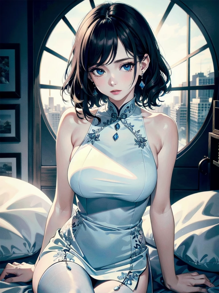 absurdres, RAW photo, extremely delicate and beautiful, masterpiece, Best Quality, ultra high resolution, 32k, hyperrealistic, ultra-detailed, detailed description, pale skin, 20 years old, detailed beautiful face and eyes, tearful mole, earring, very huge round breasts, short medium hair, wavy hair, full body shot, cheongsam, halterneck,