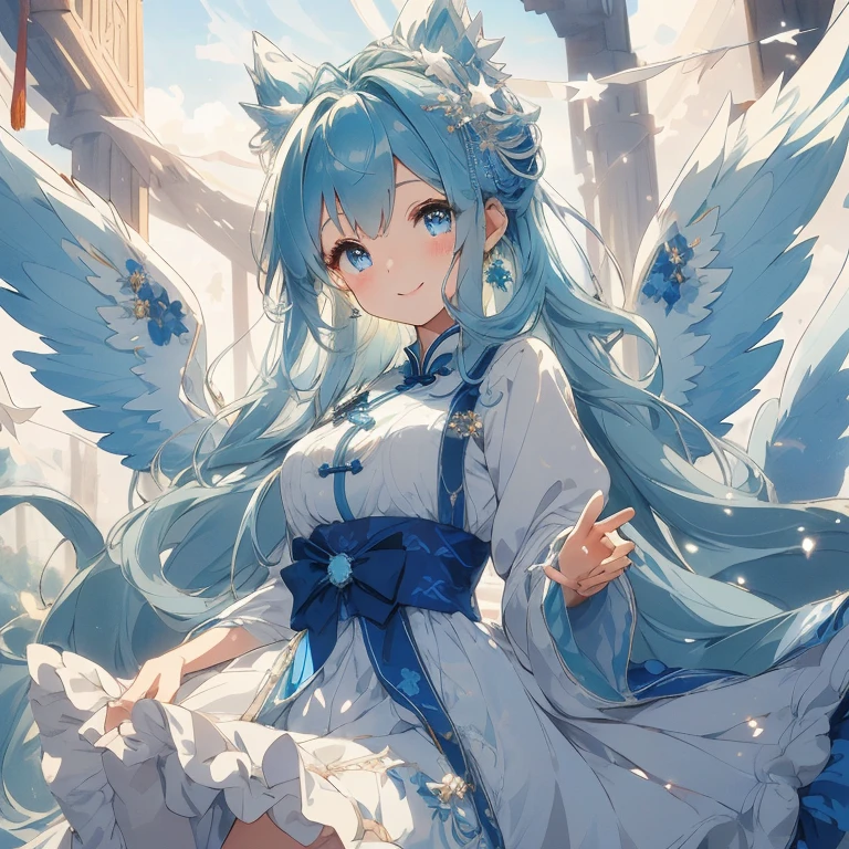 The overall concept is Chinese style and cute. A beautiful moe anime-style girl with large, sparkling blue eyes and a fluffy appearance. Her smile is cute and charming. She wears a detailed and delicate frilly design dress in blue and black tones, with many ribbons and star-shaped ornaments. She has wings of fantastic and detailed translucent white, and an aura of magical light accentuates the fantastic atmosphere. Her hair is in voluminous long waves with matching ribbons, creating a cute and whimsical look. The background is a dreamy cloudy sky with dusty lights, and the soft blue-green tones enhance her fantastic and gentle atmosphere. (( highest image quality, highest quality ))