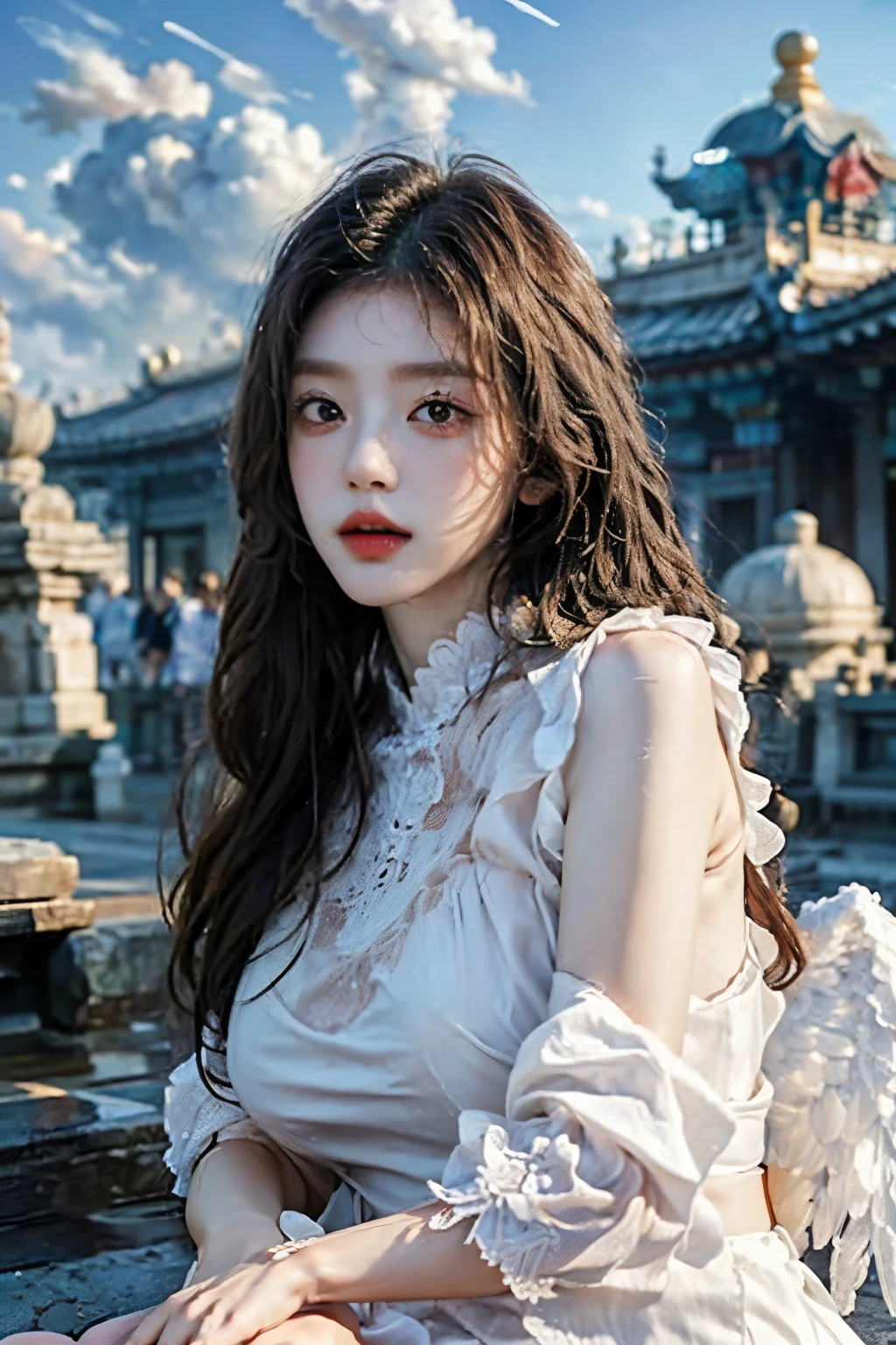 ((best quality)), ((masterpiece)), (detailed), perfect face, Masterpiece, 8K, (매우 detailed 얼굴 표현), angel girl flying in the sky, korean beauty, Detailed wing expression, Plump clouds, white clouds in the sky, temple of heaven, (Whole_body), (full body),