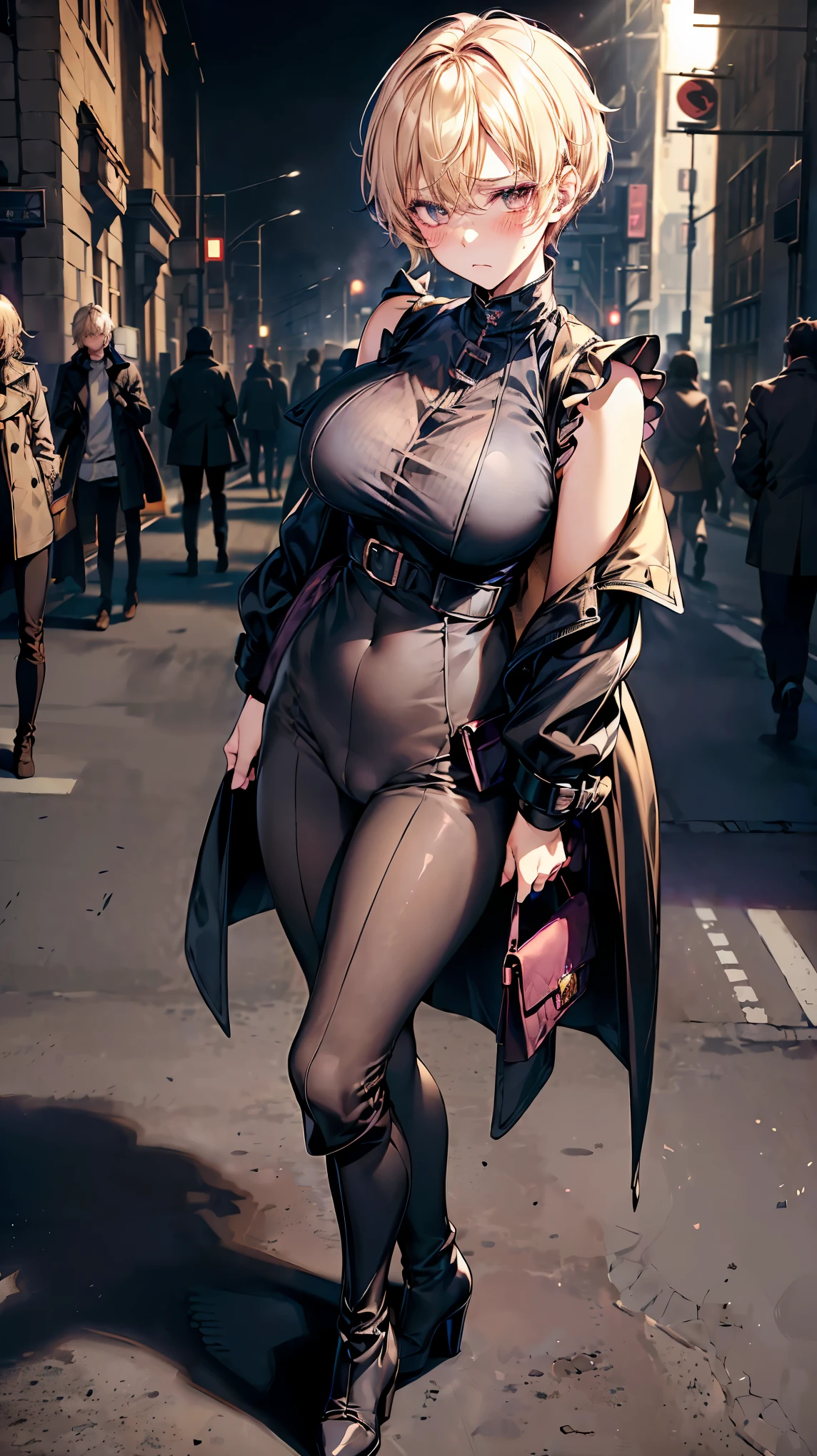 highest quality,Very detailed,((whole body)),((One Girl)),((Five Boy)),((trap)),((bulge)),blackチョーカー,((Blonde Short Hair)),((blush)),((I was upset)),((Big Breasts)),(trench coat),(Black mesh top),(High heel long boots（black）),((Have a shoulder bag)),Vibrant colors,Soft lighting,((background:street))