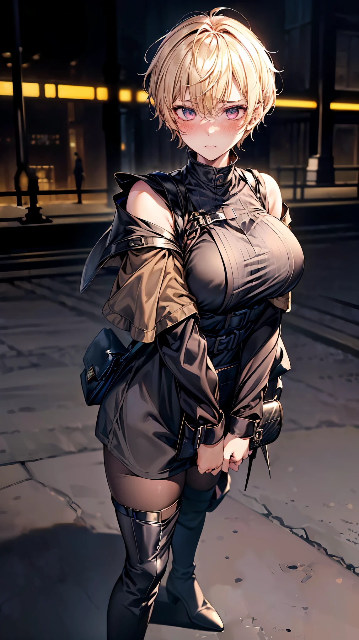 highest quality,Very detailed,((whole body)),((One Girl)),((Five Boy)),((trap)),((bulge)),blackチョーカー,((Blonde Short Hair)),((blush)),((I was upset)),((Big Breasts)),(trench coat),(Black mesh top),(High heel long boots（black）),((Have a shoulder bag)),Vibrant colors,Soft lighting,((background:street))