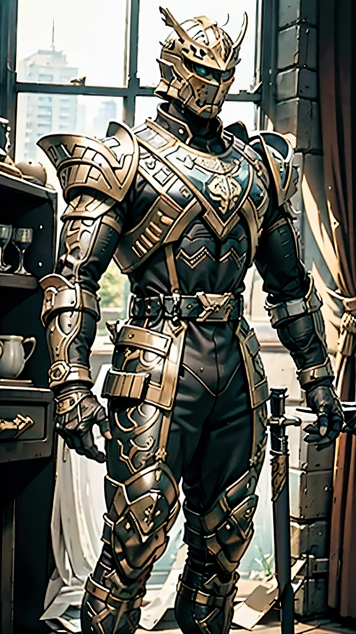 A man wearing a full-face helmet, a fantasy-style biomecha armored combat suit, green eyes, a composite layered chest armor, fully enclosed shoulder guards, matching arm and leg guards, the belt is adorned with dragon claw grasping orbs, primarily black with red accents, the design balances heavy with agility, a high-tech biological armor, concept inspired by dragons, stands on the skyscraper of a futuristic high-tech city, this character embodies a finely crafted fantasy-surreal style armored hero in anime style, exquisite and mature manga art style, ((male:1.5)), metallic, real texture material, dramatic, high definition, best quality, highres, ultra-detailed, ultra-fine painting, extremely delicate, professional, perfect body proportions, golden ratio, anatomically correct, symmetrical face, extremely detailed eyes and face, high quality eyes, creativity, RAW photo, UHD, 32k, Natural light, cinematic lighting, masterpiece-anatomy-perfect, masterpiece:1.5