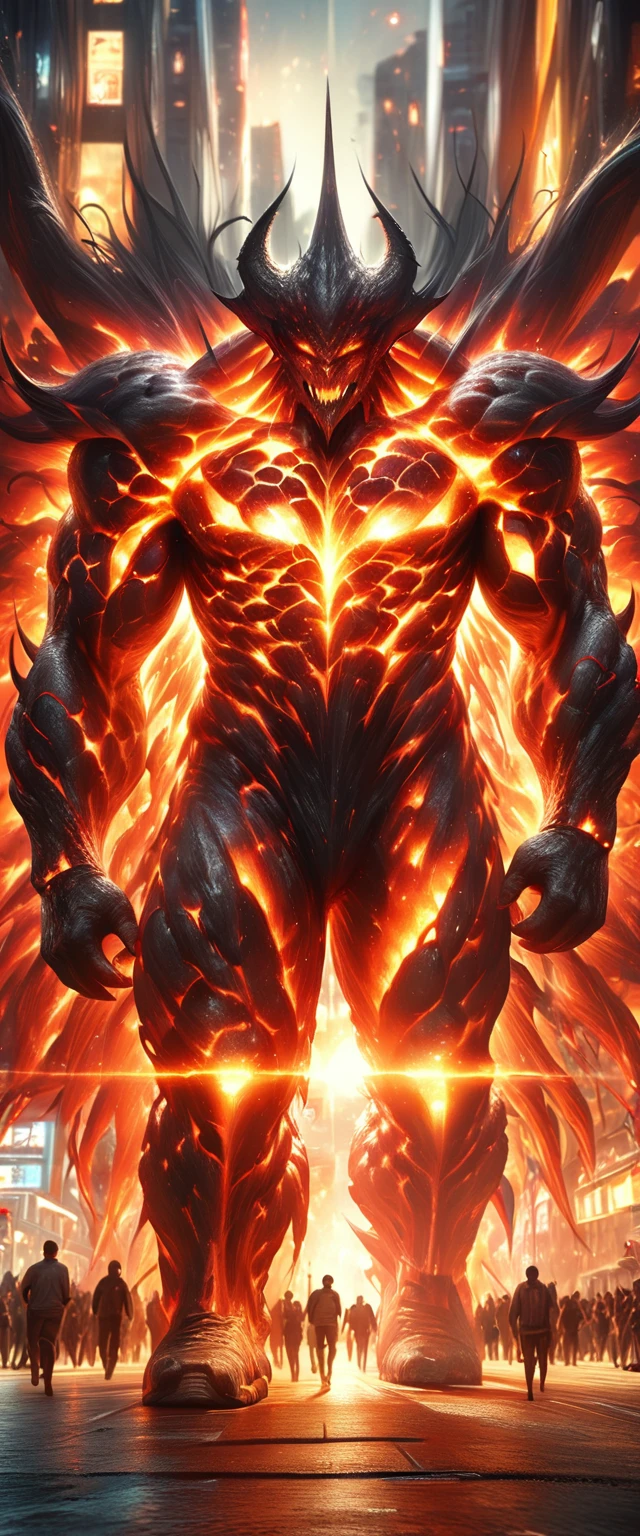 (a gigantic lava demon), highly detailed, lurking over a city, people running in terror: 1.4, hyper detailed, hyper realistic, masterpiece: 1.2, high resolution, ultra detailed, realistic: 1.37, HDR, UHD, professional, vivid colors, bokeh, oil painting, dark fantasy, vibrant color palette, dramatic lighting