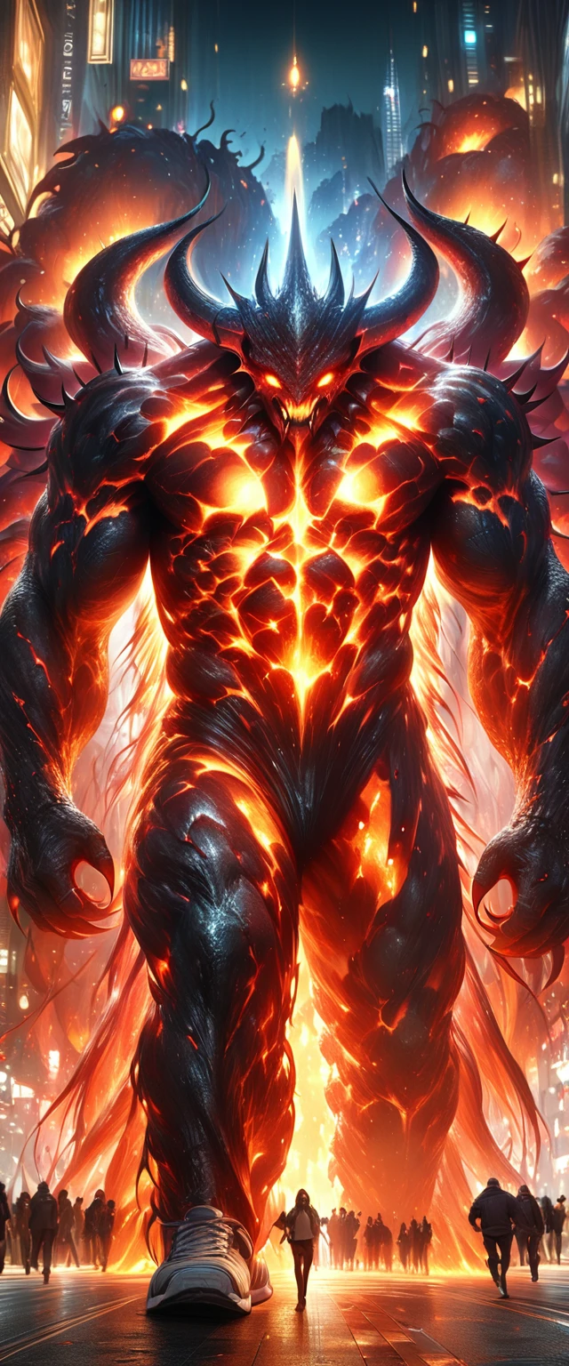 (a gigantic lava demon), highly detailed, lurking over a city, people running in terror: 1.4, hyper detailed, hyper realistic, masterpiece: 1.2, high resolution, ultra detailed, realistic: 1.37, HDR, UHD, professional, vivid colors, bokeh, oil painting, dark fantasy, vibrant color palette, dramatic lighting