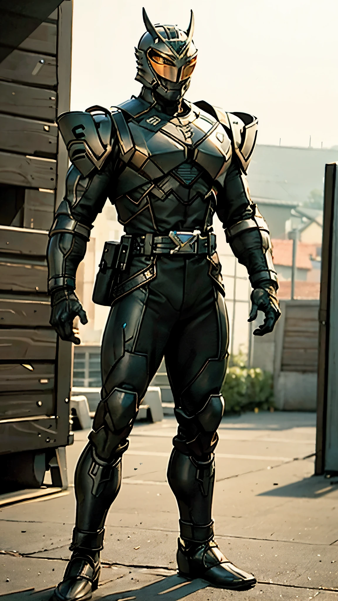 A man wearing a full-face helmet, a fantasy-style biomecha armored combat suit, green eyes, a composite layered chest armor, fully enclosed shoulder guards, matching arm and leg guards, the belt is adorned with dragon claw grasping orbs, primarily black with red accents, the design balances heavy with agility, a high-tech biological armor, concept inspired by dragons, stands on the skyscraper of a futuristic high-tech city, this character embodies a finely crafted fantasy-surreal style armored hero in anime style, exquisite and mature manga art style, ((male:1.5)), metallic, real texture material, dramatic, high definition, best quality, highres, ultra-detailed, ultra-fine painting, extremely delicate, professional, perfect body proportions, golden ratio, anatomically correct, symmetrical face, extremely detailed eyes and face, high quality eyes, creativity, RAW photo, UHD, 32k, Natural light, cinematic lighting, masterpiece-anatomy-perfect, masterpiece:1.5