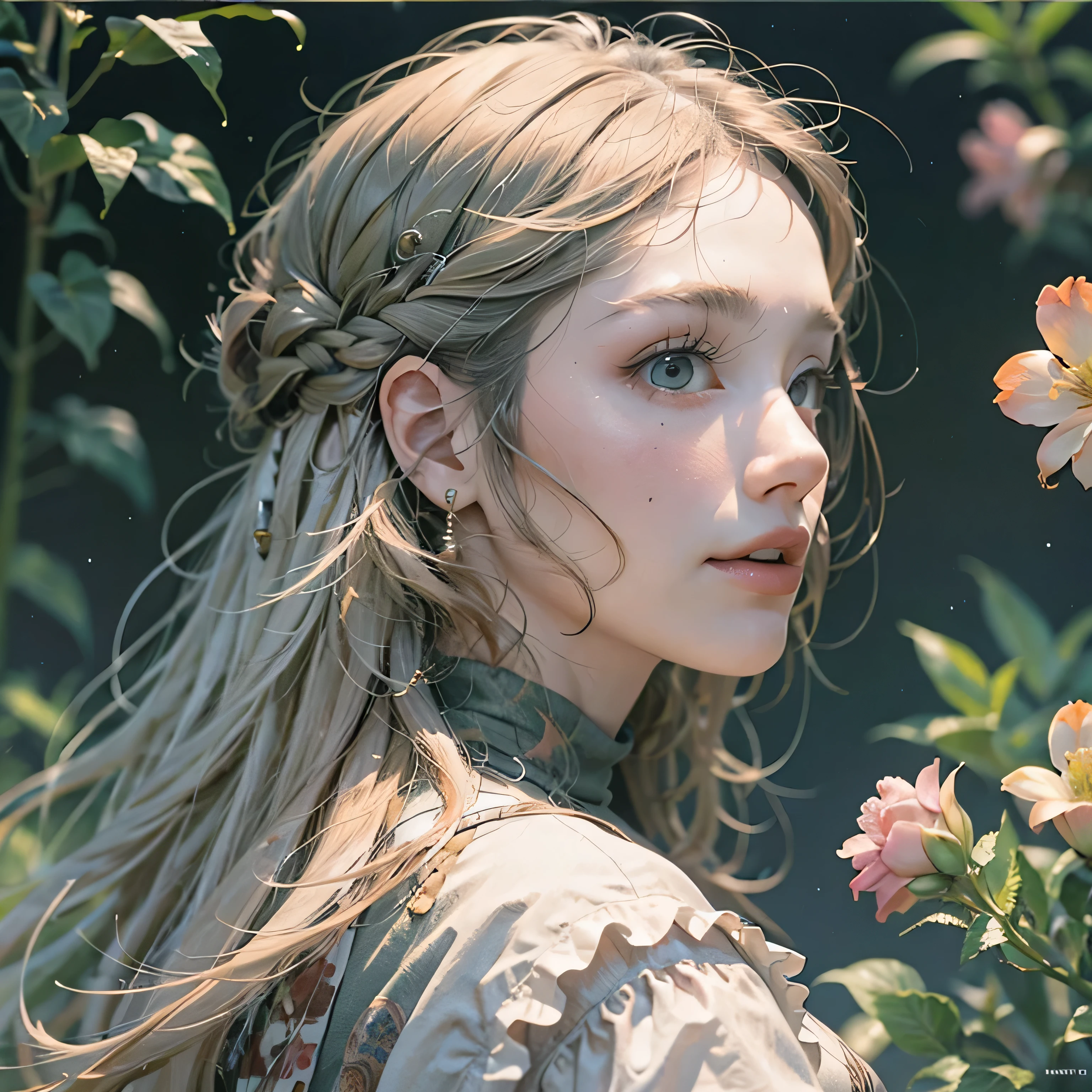 highest quality,Absurd,8k resolution,Official Art, Highly detailed CG Unity 8k wallpaper,masterpiece,(Profile picture),woman,Silver Hair,in spring,Mona Lisa