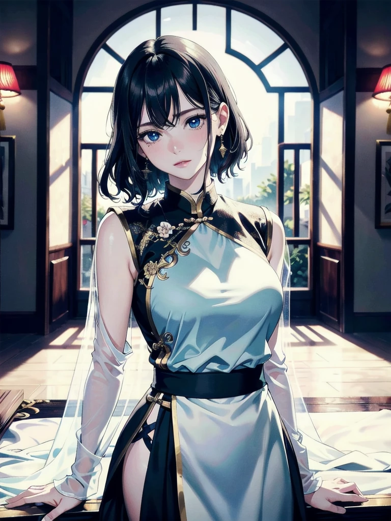 absurdres, RAW photo, extremely delicate and beautiful, masterpiece, Best Quality, ultra high resolution, 32k, hyperrealistic, ultra-detailed, detailed description, pale skin, 20 years old, detailed beautiful face and eyes, tearful mole, earring, very huge round breasts, short medium hair, wavy hair, full body shot, jewelry, skirt, through bangs, hair adornments, Chinese clothes, sheer transparent clothes, 