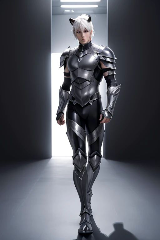 Full full Body photorealistic 4k, high resolution, best quality, masterpiece, perfect color, perfect shade, perfect lighting, Posted by e621, ((portrait)), ((handsome man)), perfect male figure, Short hair details,chest muscles,abdominal muscles,Nakedness nudeness torso,wearing an white and silver transparent mesh overall latex spandex..Detailed face, perfect face, (stood up), Detailed background, ((Bonifasco Lighting)), (delicate eyes),((black armor)),((animal ears)),white hair