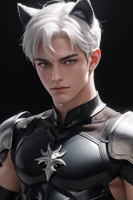 Full full Body photorealistic 4k, high resolution, best quality, masterpiece, perfect color, perfect shade, perfect lighting, Posted by e621, ((portrait)), ((handsome man)), perfect male figure, Short hair details,chest muscles,abdominal muscles,Nakedness nudeness torso,wearing an white and silver transparent mesh overall latex spandex..Detailed face, perfect face, (stood up), Detailed background, ((Bonifasco Lighting)), (delicate eyes),((black armor)),((animal ears)),white hair