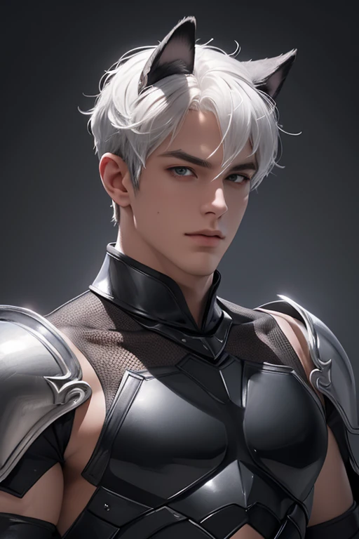 Full full Body photorealistic 4k, high resolution, best quality, masterpiece, perfect color, perfect shade, perfect lighting, Posted by e621, ((portrait)), ((handsome man)), perfect male figure, Short hair details,chest muscles,abdominal muscles,Nakedness nudeness torso,wearing an white and silver transparent mesh overall latex spandex..Detailed face, perfect face, (stood up), Detailed background, ((Bonifasco Lighting)), (delicate eyes),((black armor)),((animal ears)),white hair