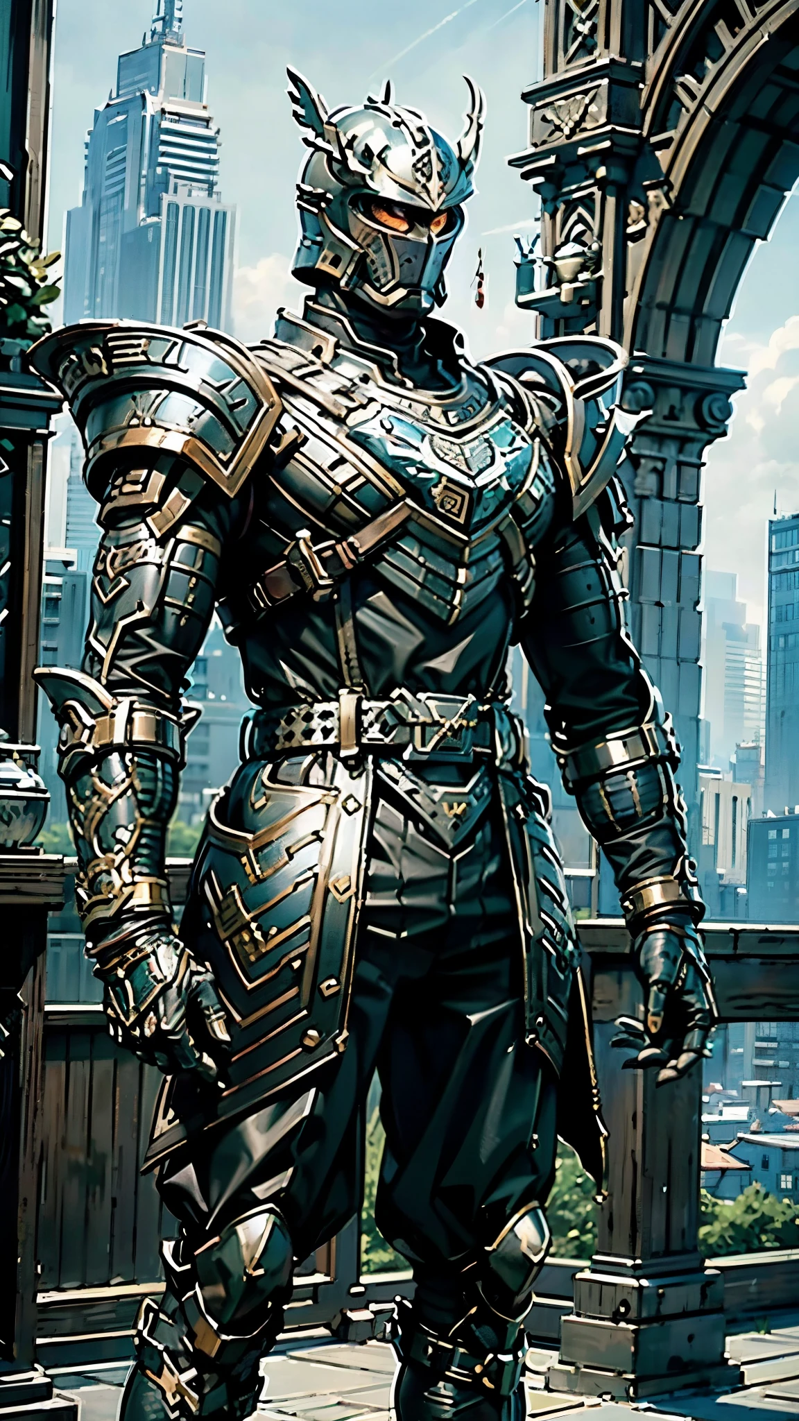 A man wearing a full-face helmet, a fantasy-style biomecha armored combat suit, green eyes, a composite layered chest armor, fully enclosed shoulder guards, matching arm and leg guards, the belt is adorned with dragon claw grasping orbs, primarily black with red accents, the design balances heavy with agility, a high-tech biological armor, concept inspired by dragons, stands on the skyscraper of a futuristic high-tech city, this character embodies a finely crafted fantasy-surreal style armored hero in anime style, exquisite and mature manga art style, ((male:1.5)), metallic, real texture material, dramatic, high definition, best quality, highres, ultra-detailed, ultra-fine painting, extremely delicate, professional, perfect body proportions, golden ratio, anatomically correct, symmetrical face, extremely detailed eyes and face, high quality eyes, creativity, RAW photo, UHD, 32k, Natural light, cinematic lighting, masterpiece-anatomy-perfect, masterpiece:1.5