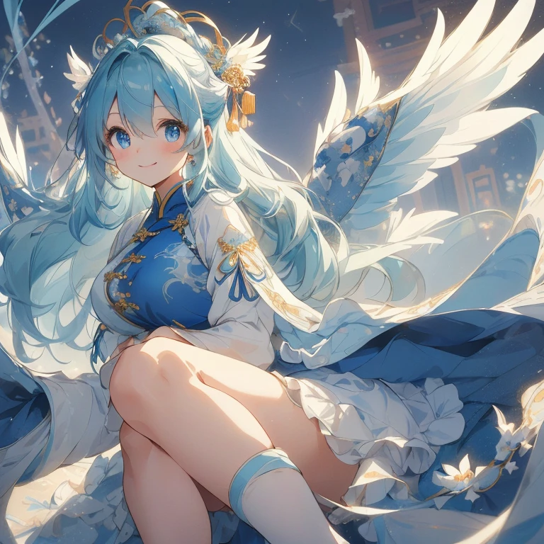 The overall concept is Chinese style and cute. A beautiful moe anime-style girl with large, sparkling blue eyes and a fluffy appearance. Her smile is cute and charming. She wears a detailed and delicate frilly designed Chinese dress in blue and black tones with many ribbons and star shaped ornaments. She has wings of fantastic and detailed translucent white, and an aura of magical light accentuates the fantastic atmosphere. Her hair is in voluminous long waves with matching ribbons, creating a cute and whimsical look. The background is a dreamy cloudy sky with dusty lights, and the soft blue-green tones enhance her fantastic and gentle atmosphere. (( highest image quality, highest quality ))