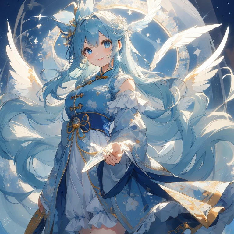 The overall concept is Chinese style and cute. A beautiful moe anime-style girl with large, sparkling blue eyes and a fluffy appearance. Her smile is cute and charming. She wears a detailed and delicate frilly designed Chinese dress in blue and black tones with many ribbons and star shaped ornaments. She has wings of fantastic and detailed translucent white, and an aura of magical light accentuates the fantastic atmosphere. Her hair is in voluminous long waves with matching ribbons, creating a cute and whimsical look. The background is a dreamy cloudy sky with dusty lights, and the soft blue-green tones enhance her fantastic and gentle atmosphere. (( highest image quality, highest quality ))