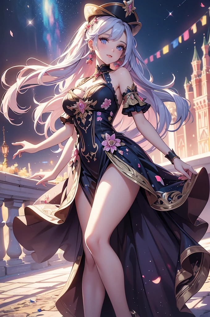 (best quality,4k,8k,highres,masterpiece:1.2),ultra-detailed,(realistic,photorealistic,photo-realistic:1.37),acrylic painting,beautiful Russian model in a Lolita dress with downy hair,beautiful Russian model with extremely colorful hair and detailed facial features,beautiful Russian model standing in a beautiful garden surrounded by a starry sky,beautiful Russian model wearing a vibrant Lolita dress,beautiful Russian model with intricate accessories and a matching hat,beautiful Russian model posing gracefully with her hands on her hips,beautiful Russian model with long flowing twintails,beautiful Russian model with bright blue eyes and rosy lips,beautiful Russian model with a joyful expression,beautiful Russian model in a dynamic pose with cherry blossoms falling around her,beautiful Russian model surrounded by colorful flowers and butterflies,beautiful Russian model's dress adorned with cute bows and lace details,beautiful Russian model with an enchanting smile,beautiful Russian model with soft, pastel-colored shading,beautiful Russian model with a magical glow illuminating her,beautiful Russian model in a picturesque setting with a winding path leading to a magnificent castle,beautiful Russian model holding a microphone and singing passionately,beautiful Russian model with a fairytale-like background,beautiful Russian model with a soft, dreamy atmosphere,beautiful Russian model with a subtle bokeh effect,beautiful Russian model standing under a moonlit sky,beautiful Russian model with a warm, golden sunset in the background,beautiful Russian model surrounded by twinkling stars and colorful nebulae,creating an ethereal and captivating artistic masterpiece. 