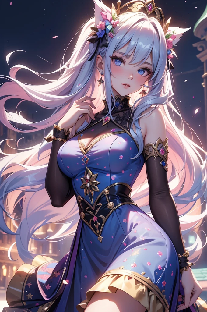 (best quality,4k,8k,highres,masterpiece:1.2),ultra-detailed,(realistic,photorealistic,photo-realistic:1.37),acrylic painting,beautiful Russian model in a Lolita dress with downy hair,beautiful Russian model with extremely colorful hair and detailed facial features,beautiful Russian model standing in a beautiful garden surrounded by a starry sky,beautiful Russian model wearing a vibrant Lolita dress,beautiful Russian model with intricate accessories and a matching hat,beautiful Russian model posing gracefully with her hands on her hips,beautiful Russian model with long flowing twintails,beautiful Russian model with bright blue eyes and rosy lips,beautiful Russian model with a joyful expression,beautiful Russian model in a dynamic pose with cherry blossoms falling around her,beautiful Russian model surrounded by colorful flowers and butterflies,beautiful Russian model's dress adorned with cute bows and lace details,beautiful Russian model with an enchanting smile,beautiful Russian model with soft, pastel-colored shading,beautiful Russian model with a magical glow illuminating her,beautiful Russian model in a picturesque setting with a winding path leading to a magnificent castle,beautiful Russian model holding a microphone and singing passionately,beautiful Russian model with a fairytale-like background,beautiful Russian model with a soft, dreamy atmosphere,beautiful Russian model with a subtle bokeh effect,beautiful Russian model standing under a moonlit sky,beautiful Russian model with a warm, golden sunset in the background,beautiful Russian model surrounded by twinkling stars and colorful nebulae,creating an ethereal and captivating artistic masterpiece. 