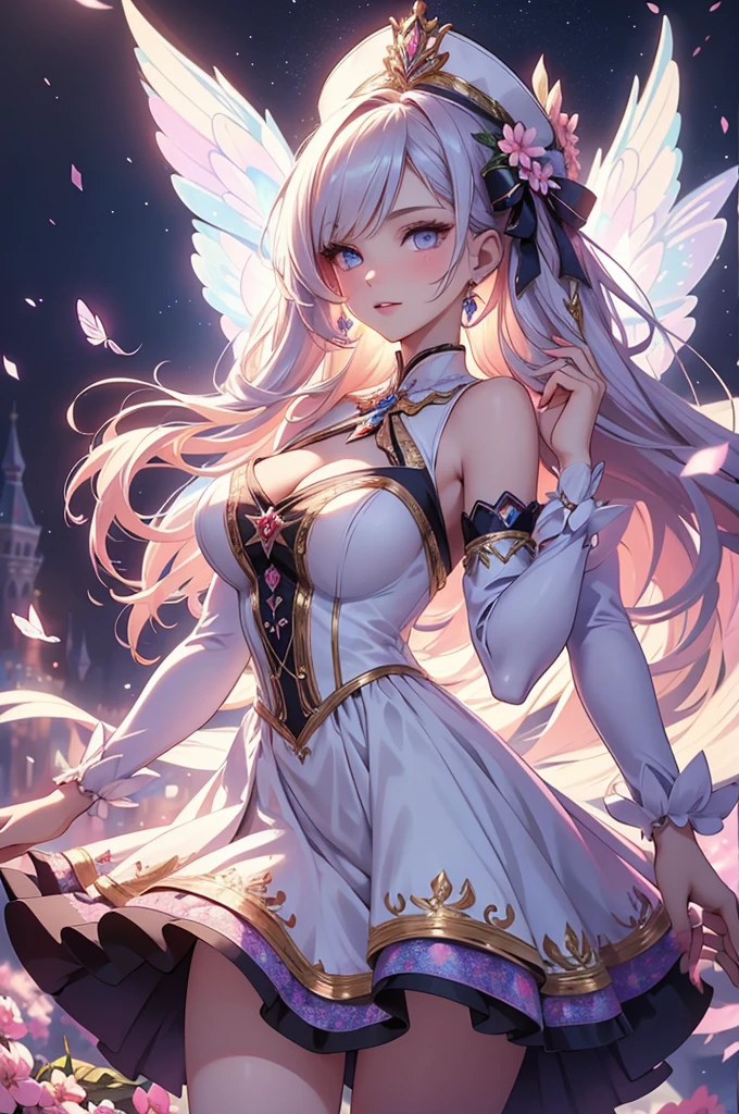 (best quality,4k,8k,highres,masterpiece:1.2),ultra-detailed,(realistic,photorealistic,photo-realistic:1.37),acrylic painting,beautiful Russian model in a Lolita dress with downy hair,beautiful Russian model with extremely colorful hair and detailed facial features,beautiful Russian model standing in a beautiful garden surrounded by a starry sky,beautiful Russian model wearing a vibrant Lolita dress,beautiful Russian model with intricate accessories and a matching hat,beautiful Russian model posing gracefully with her hands on her hips,beautiful Russian model with long flowing twintails,beautiful Russian model with bright blue eyes and rosy lips,beautiful Russian model with a joyful expression,beautiful Russian model in a dynamic pose with cherry blossoms falling around her,beautiful Russian model surrounded by colorful flowers and butterflies,beautiful Russian model's dress adorned with cute bows and lace details,beautiful Russian model with an enchanting smile,beautiful Russian model with soft, pastel-colored shading,beautiful Russian model with a magical glow illuminating her,beautiful Russian model in a picturesque setting with a winding path leading to a magnificent castle,beautiful Russian model holding a microphone and singing passionately,beautiful Russian model with a fairytale-like background,beautiful Russian model with a soft, dreamy atmosphere,beautiful Russian model with a subtle bokeh effect,beautiful Russian model standing under a moonlit sky,beautiful Russian model with a warm, golden sunset in the background,beautiful Russian model surrounded by twinkling stars and colorful nebulae,creating an ethereal and captivating artistic masterpiece.