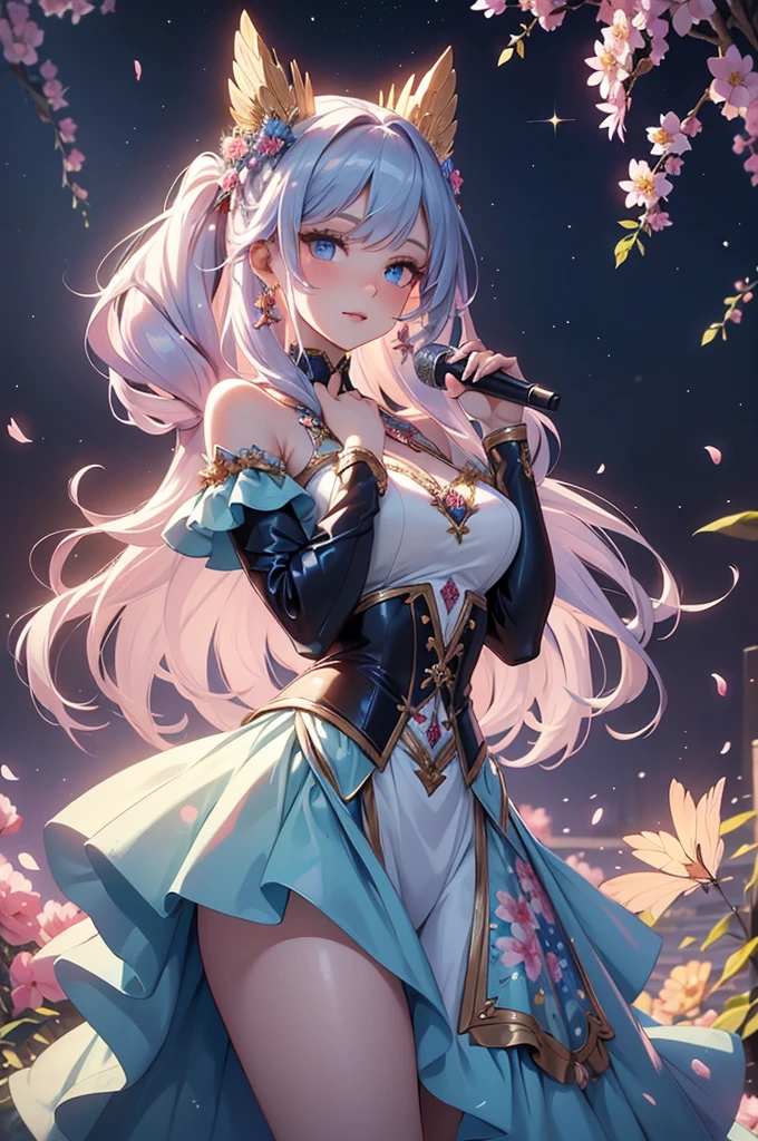 (best quality,4k,8k,highres,masterpiece:1.2),ultra-detailed,(realistic,photorealistic,photo-realistic:1.37),acrylic painting,beautiful Russian model in a Lolita dress with downy hair,beautiful Russian model with extremely colorful hair and detailed facial features,beautiful Russian model standing in a beautiful garden surrounded by a starry sky,beautiful Russian model wearing a vibrant Lolita dress,beautiful Russian model with intricate accessories and a matching hat,beautiful Russian model posing gracefully with her hands on her hips,beautiful Russian model with long flowing twintails,beautiful Russian model with bright blue eyes and rosy lips,beautiful Russian model with a joyful expression,beautiful Russian model in a dynamic pose with cherry blossoms falling around her,beautiful Russian model surrounded by colorful flowers and butterflies,beautiful Russian model's dress adorned with cute bows and lace details,beautiful Russian model with an enchanting smile,beautiful Russian model with soft, pastel-colored shading,beautiful Russian model with a magical glow illuminating her,beautiful Russian model in a picturesque setting with a winding path leading to a magnificent castle,beautiful Russian model holding a microphone and singing passionately,beautiful Russian model with a fairytale-like background,beautiful Russian model with a soft, dreamy atmosphere,beautiful Russian model with a subtle bokeh effect,beautiful Russian model standing under a moonlit sky,beautiful Russian model with a warm, golden sunset in the background,beautiful Russian model surrounded by twinkling stars and colorful nebulae,creating an ethereal and captivating artistic masterpiece.