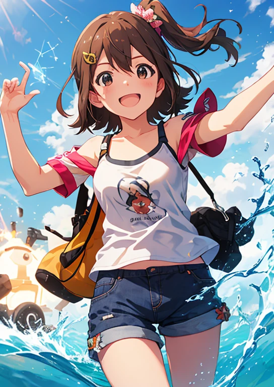 Mirai Kasuga, (highest quality, 8k, masterpiece, Very detailed:1.2), (Lens flare, Particles of light, Shine), Big Breasts, smile, Open your mouth, masterpiece, highest quality, Very detailed, High resolution, Very detailedなCG, (Official Art), Off the shoulder, Tank top, Shorts, (Embarrassing:1.1), (blush:1.2), Open your mouth, (shout:1.1), (Moving lines:1.1),  blue sky