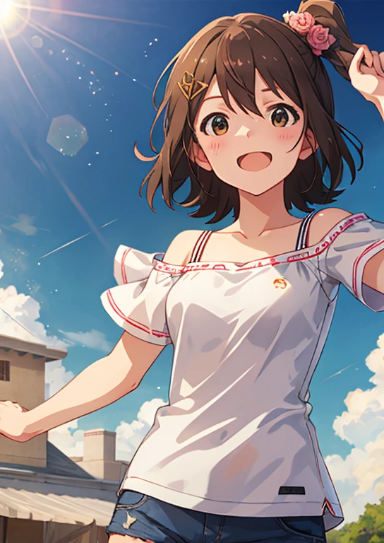 Mirai Kasuga, (highest quality, 8k, masterpiece, Very detailed:1.2), (Lens flare, Particles of light, Shine), Big Breasts, smile, Open your mouth, masterpiece, highest quality, Very detailed, High resolution, Very detailedなCG, (Official Art), Off the shoulder, Tank top, Shorts, (Embarrassing:1.1), (blush:1.2), Open your mouth, (shout:1.1), (Moving lines:1.1), blue sky