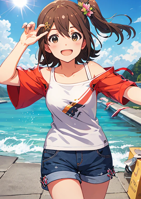 Mirai Kasuga, (highest quality, 8k, masterpiece, Very detailed:1.2), (Lens flare, Particles of light, Shine), Big Breasts, smile, Open your mouth, masterpiece, highest quality, Very detailed, High resolution, Very detailedなCG, (Official Art), Off the shoulder, Tank top, Shorts, (Embarrassing:1.1), (blush:1.2), Open your mouth, (shout:1.1), (Moving lines:1.1),  blue sky