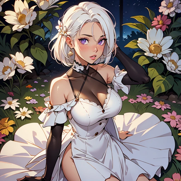 realistic, 1girl, white hair, purple eyes, glowing eyes, short dress, parted lips, blush, night, flowers, sun, sunlight,