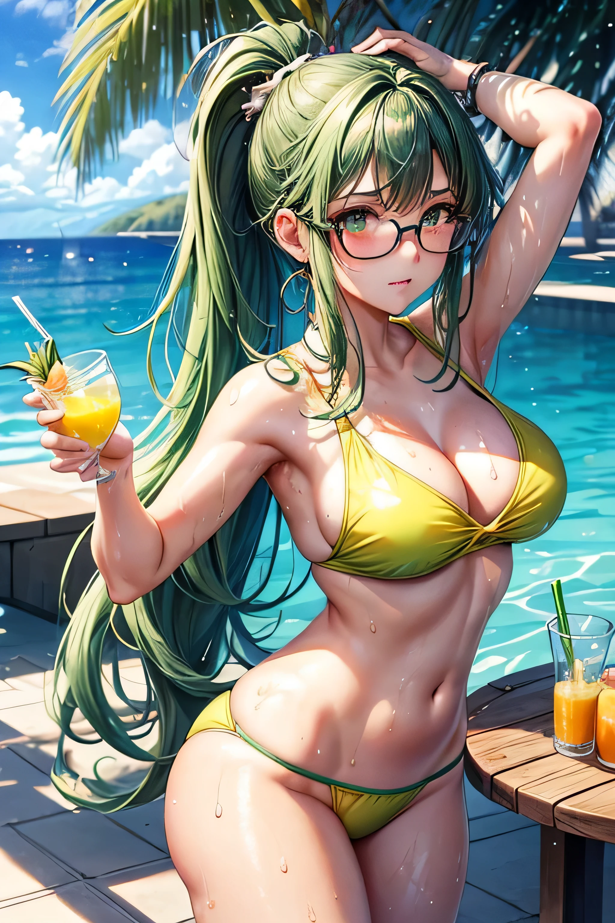 High resolution, high quality, One girl, Anime Girls, dark green hair,middle hair,ponytail,green eyes, Green glasses,heart shaped pupils,Glowing Skin, Large Breasts,beautiful breasts,pointy breasts,Big Ass,beautiful ass,Embarrassed,Tank Top,swimsuit,Back Pose,lower body,sweat,wet,swimming,(open legs),arms behind head,at Poolside,(Kiwi juice),(lemon juice),(orange juice),(Pineapple juice),(Mango juice),(water),