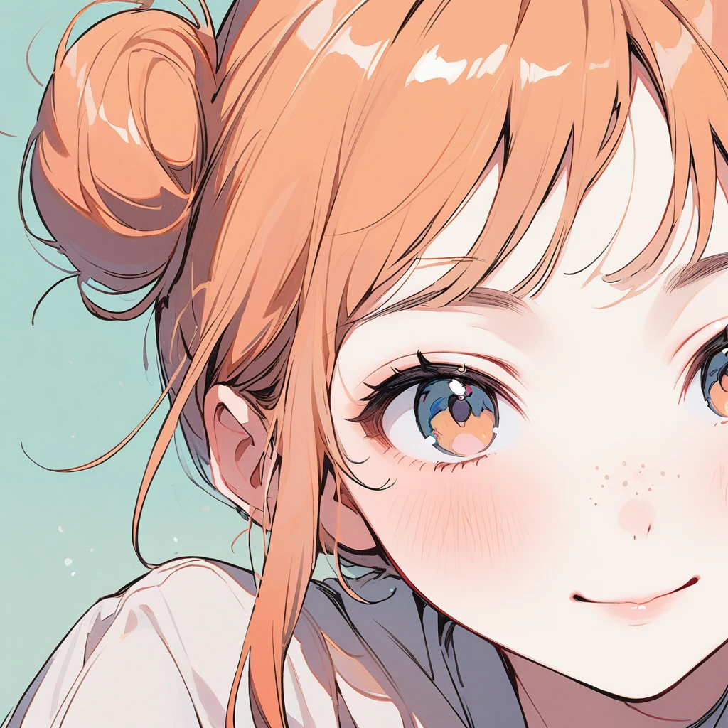 Girl, slim, pale skin, light hazel eyes, freckles, pastel orange hair, ginger, short bangs, low buns, beautiful, tiny buns, thick bangs, face close-up, soft, delicate, playful, smiling