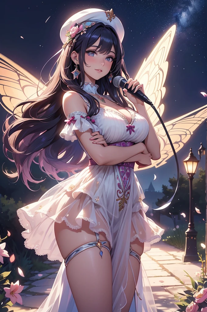 (best quality,4k,8k,highres,masterpiece:1.2),ultra-detailed,(realistic,photorealistic,photo-realistic:1.37),acrylic painting,beautiful Spanish model in a Lolita dress with downy hair,beautiful Spanish model with extremely colorful hair and detailed facial features,beautiful Spanish model standing in a beautiful garden surrounded by a starry sky,beautiful Spanish model wearing a vibrant Lolita dress,beautiful Spanish model with intricate accessories and a matching hat,beautiful Spanish model posing gracefully with her hands on her hips,beautiful Spanish model with long flowing twintails,beautiful Spanish model with bright blue eyes and rosy lips,beautiful Spanish model with a joyful expression,beautiful Spanish model in a dynamic pose with cherry blossoms falling around her,beautiful Spanish model surrounded by colorful flowers and butterflies,beautiful Spanish model's dress adorned with cute bows and lace details,beautiful Spanish model with an enchanting smile,beautiful Spanish model with soft, pastel-colored shading,beautiful Spanish model with a magical glow illuminating her,beautiful Spanish model in a picturesque setting with a winding path leading to a magnificent castle,beautiful Spanish model holding a microphone and singing passionately,beautiful Spanish model with a fairytale-like background,beautiful Spanish model with a soft, dreamy atmosphere,beautiful Spanish model with a subtle bokeh effect,beautiful Spanish model standing under a moonlit sky,beautiful Spanish model with a warm, golden sunset in the background,beautiful Spanish model surrounded by twinkling stars and colorful nebulae,creating an ethereal and captivating artistic masterpiece.