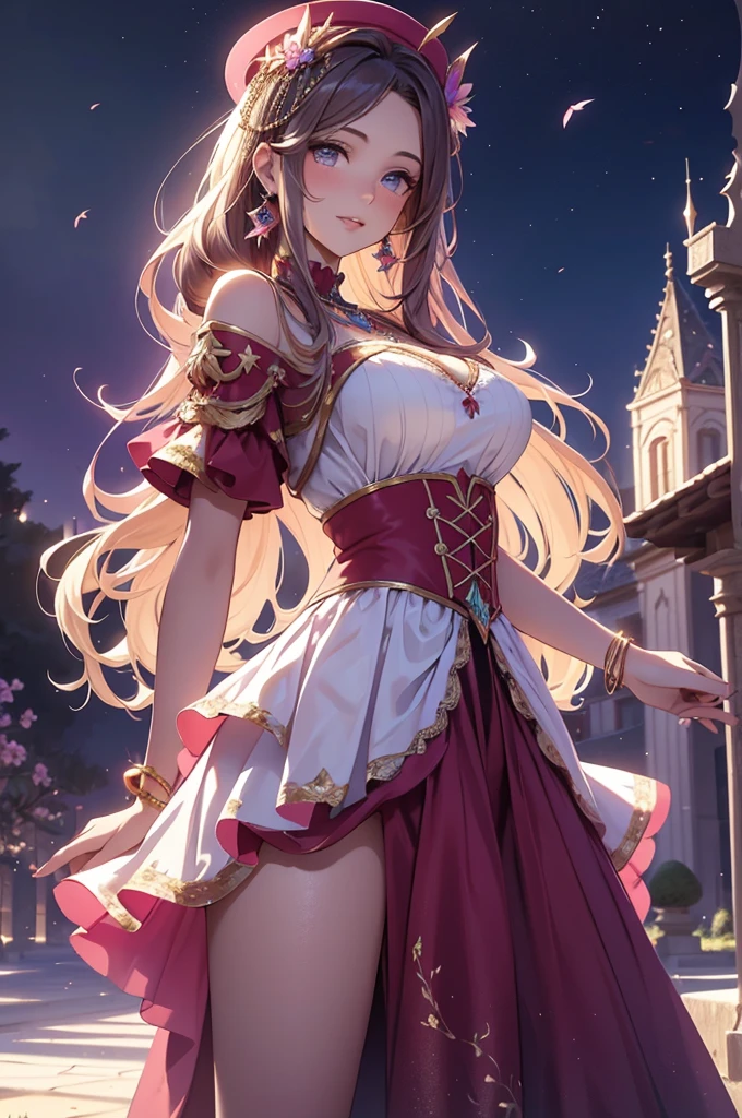 (best quality,4k,8k,highres,masterpiece:1.2),ultra-detailed,(realistic,photorealistic,photo-realistic:1.37),acrylic painting,beautiful Spanish model in a Lolita dress with downy hair,beautiful Spanish model with extremely colorful hair and detailed facial features,beautiful Spanish model standing in a beautiful garden surrounded by a starry sky,beautiful Spanish model wearing a vibrant Lolita dress,beautiful Spanish model with intricate accessories and a matching hat,beautiful Spanish model posing gracefully with her hands on her hips,beautiful Spanish model with long flowing twintails,beautiful Spanish model with bright blue eyes and rosy lips,beautiful Spanish model with a joyful expression,beautiful Spanish model in a dynamic pose with cherry blossoms falling around her,beautiful Spanish model surrounded by colorful flowers and butterflies,beautiful Spanish model's dress adorned with cute bows and lace details,beautiful Spanish model with an enchanting smile,beautiful Spanish model with soft, pastel-colored shading,beautiful Spanish model with a magical glow illuminating her,beautiful Spanish model in a picturesque setting with a winding path leading to a magnificent castle,beautiful Spanish model holding a microphone and singing passionately,beautiful Spanish model with a fairytale-like background,beautiful Spanish model with a soft, dreamy atmosphere,beautiful Spanish model with a subtle bokeh effect,beautiful Spanish model standing under a moonlit sky,beautiful Spanish model with a warm, golden sunset in the background,beautiful Spanish model surrounded by twinkling stars and colorful nebulae,creating an ethereal and captivating artistic masterpiece.