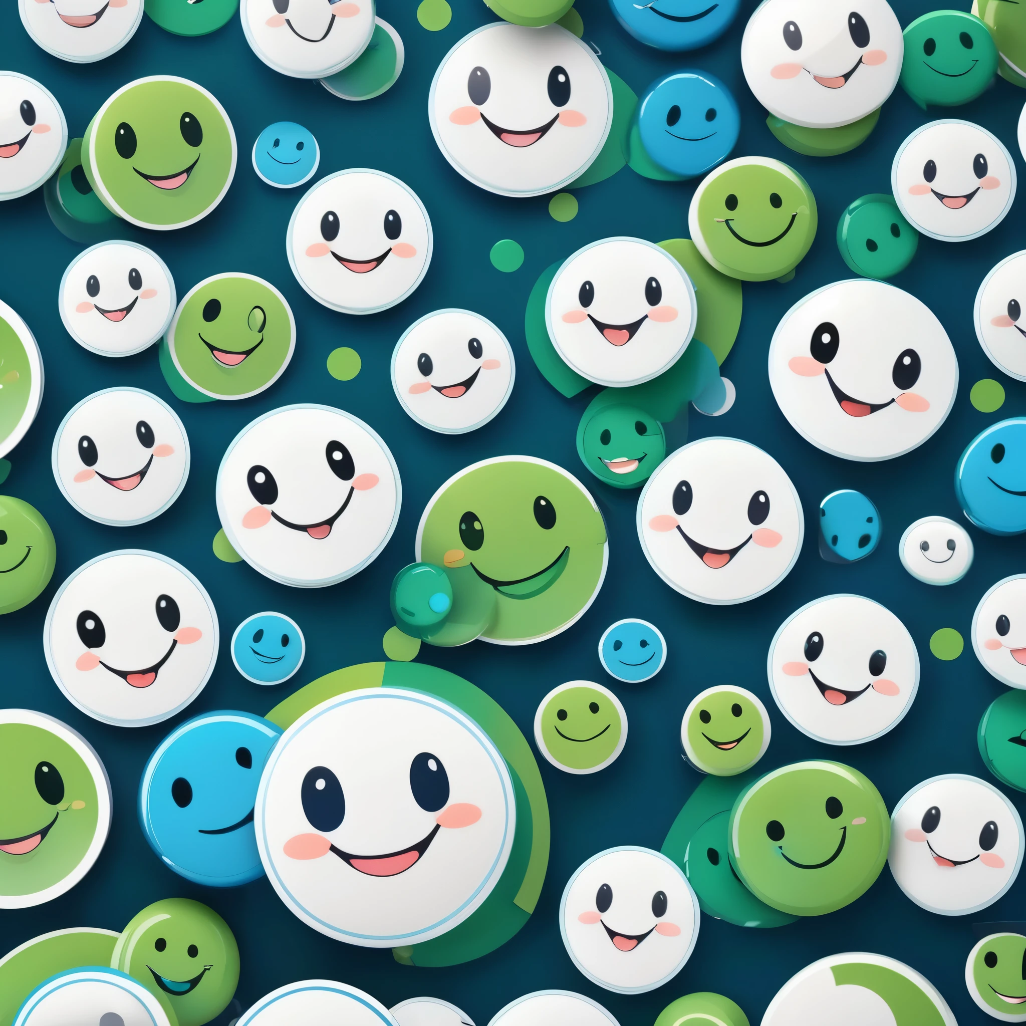 three smile face pattern colours blue white green graphic design 3d anime style stickers background white , ultra - detailed, Detailed diagram, vectorized, 8K, Professional a sticker design, Graphic design, vector lines, a st