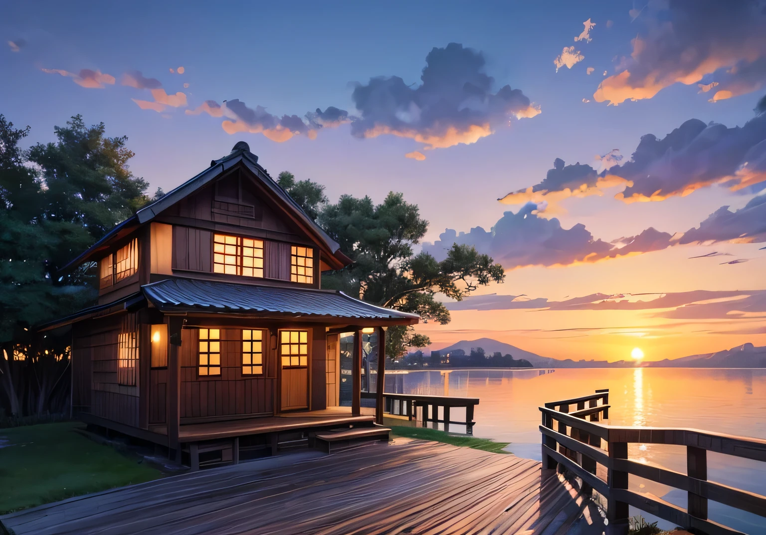 On the wooden boardwalk by the lake,In the distance is the lake illuminated by the setting sun.,There are some patchwork wooden benches and a lawn hut on the shore.。