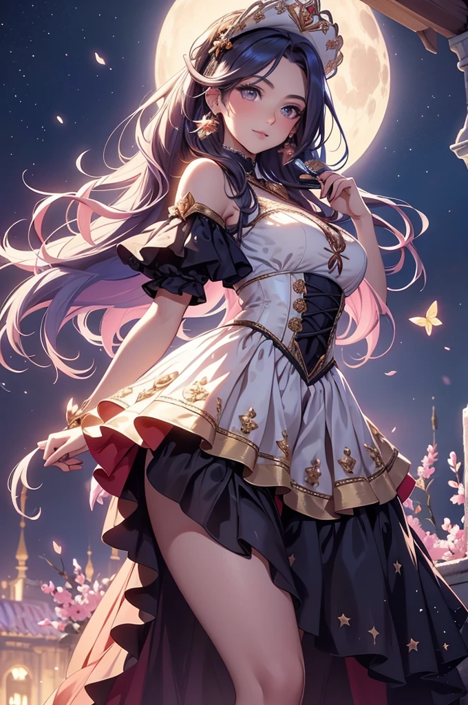 (best quality,4k,8k,highres,masterpiece:1.2),ultra-detailed,(realistic,photorealistic,photo-realistic:1.37),acrylic painting,beautiful Spanish model in a Lolita dress with downy hair,beautiful Spanish model with extremely colorful hair and detailed facial features,beautiful Spanish model standing in a beautiful garden surrounded by a starry sky,beautiful Spanish model wearing a vibrant Lolita dress,beautiful Spanish model with intricate accessories and a matching hat,beautiful Spanish model posing gracefully with her hands on her hips,beautiful Spanish model with long flowing twintails,beautiful Spanish model with bright blue eyes and rosy lips,beautiful Spanish model with a joyful expression,beautiful Spanish model in a dynamic pose with cherry blossoms falling around her,beautiful Spanish model surrounded by colorful flowers and butterflies,beautiful Spanish model's dress adorned with cute bows and lace details,beautiful Spanish model with an enchanting smile,beautiful Spanish model with soft, pastel-colored shading,beautiful Spanish model with a magical glow illuminating her,beautiful Spanish model in a picturesque setting with a winding path leading to a magnificent castle,beautiful Spanish model holding a microphone and singing passionately,beautiful Spanish model with a fairytale-like background,beautiful Spanish model with a soft, dreamy atmosphere,beautiful Spanish model with a subtle bokeh effect,beautiful Spanish model standing under a moonlit sky,beautiful Spanish model with a warm, golden sunset in the background,beautiful Spanish model surrounded by twinkling stars and colorful nebulae,creating an ethereal and captivating artistic masterpiece. 