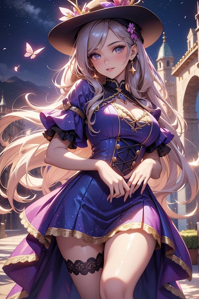 (best quality,4k,8k,highres,masterpiece:1.2),ultra-detailed,(realistic,photorealistic,photo-realistic:1.37),acrylic painting,beautiful Spanish model in a Lolita dress with downy hair,beautiful Spanish model with extremely colorful hair and detailed facial features,beautiful Spanish model standing in a beautiful garden surrounded by a starry sky,beautiful Spanish model wearing a vibrant Lolita dress,beautiful Spanish model with intricate accessories and a matching hat,beautiful Spanish model posing gracefully with her hands on her hips,beautiful Spanish model with long flowing twintails,beautiful Spanish model with bright blue eyes and rosy lips,beautiful Spanish model with a joyful expression,beautiful Spanish model in a dynamic pose with cherry blossoms falling around her,beautiful Spanish model surrounded by colorful flowers and butterflies,beautiful Spanish model's dress adorned with cute bows and lace details,beautiful Spanish model with an enchanting smile,beautiful Spanish model with soft, pastel-colored shading,beautiful Spanish model with a magical glow illuminating her,beautiful Spanish model in a picturesque setting with a winding path leading to a magnificent castle,beautiful Spanish model holding a microphone and singing passionately,beautiful Spanish model with a fairytale-like background,beautiful Spanish model with a soft, dreamy atmosphere,beautiful Spanish model with a subtle bokeh effect,beautiful Spanish model standing under a moonlit sky,beautiful Spanish model with a warm, golden sunset in the background,beautiful Spanish model surrounded by twinkling stars and colorful nebulae,creating an ethereal and captivating artistic masterpiece.