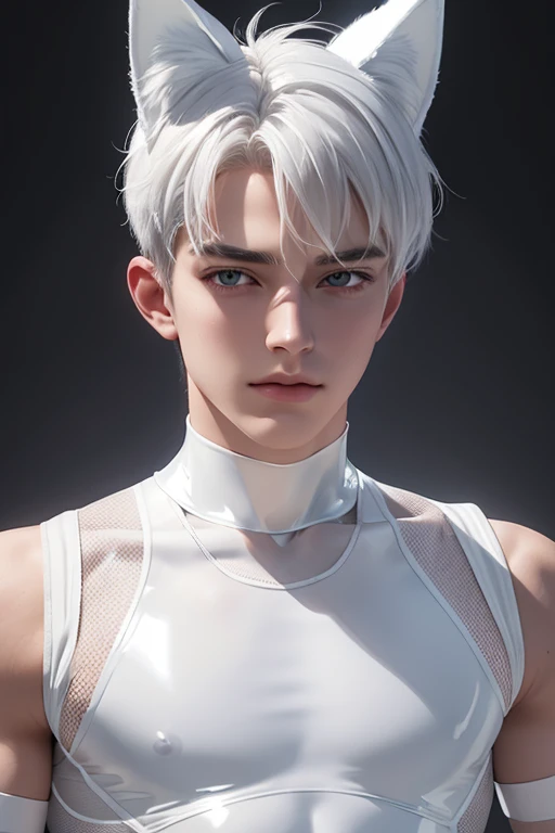 Full full Body photorealistic 4k, high resolution, best quality, masterpiece, perfect color, perfect shade, perfect lighting, Posted by e621, ((portrait)), ((handsome man)), perfect male figure, Short hair details，chest muscles，abdominal muscles，Nakedness nudeness torso，wearing an white and silver transparent mesh overall latex spandex..Detailed face, perfect face, (stood up), Detailed background, ((Bonifasco Lighting)), (delicate eyes),((white transparent mesh overall latex spandex armor)),((animal ears)),white hair