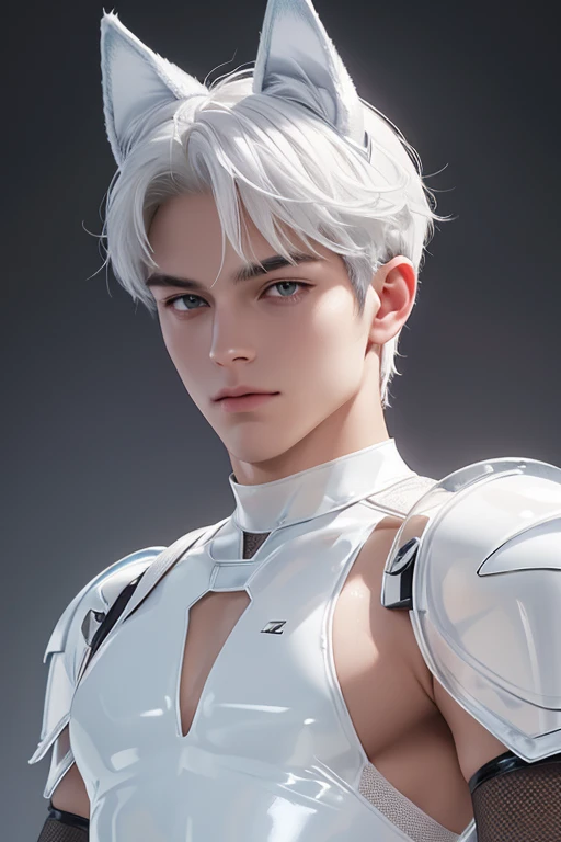 Full full Body photorealistic 4k, high resolution, best quality, masterpiece, perfect color, perfect shade, perfect lighting, Posted by e621, ((portrait)), ((handsome man)), perfect male figure, Short hair details,chest muscles,abdominal muscles,Nakedness nudeness torso,wearing an white and silver transparent mesh overall latex spandex..Detailed face, perfect face, (stood up), Detailed background, ((Bonifasco Lighting)), (delicate eyes),((white transparent mesh overall latex spandex armor)),((animal ears)),white hair