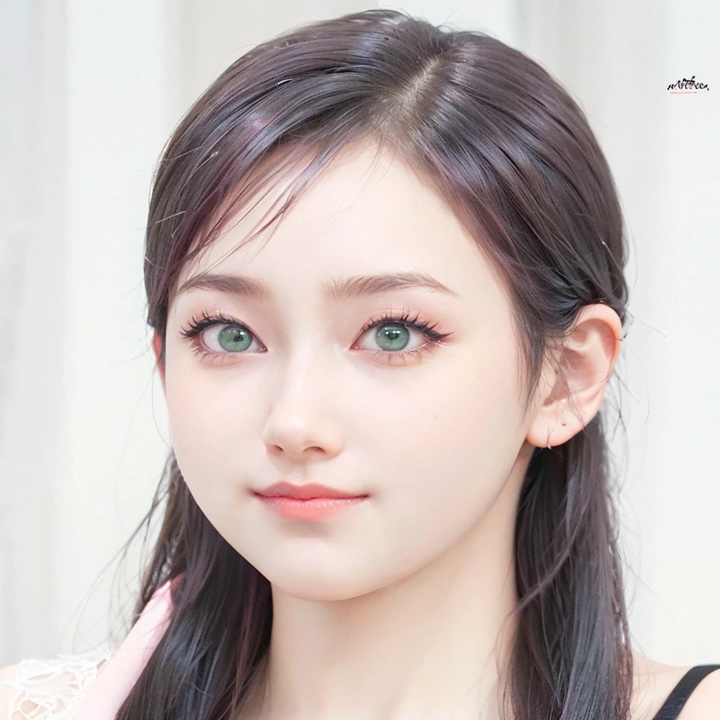 young woman, short shoulder-length pink hair, wide forehead, porcelain skin, pink eyebrows, big emerald green eyes, buttoned nose, full lips, heart-shaped face, slender body, small breasts, red tank top, Sakura Haruno , realistic, realism, details, 3d, well detailed
