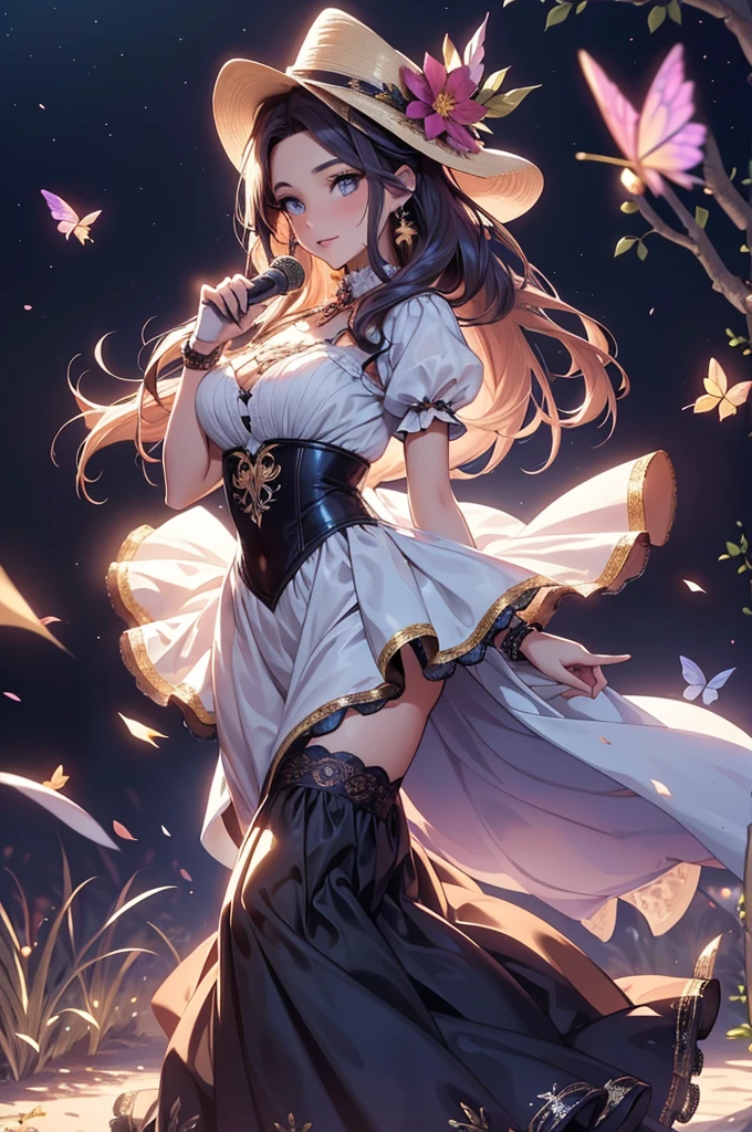 (best quality,4k,8k,highres,masterpiece:1.2),ultra-detailed,(realistic,photorealistic,photo-realistic:1.37),acrylic painting,beautiful Spanish model in a Lolita dress with downy hair,beautiful Spanish model with extremely colorful hair and detailed facial features,beautiful Spanish model standing in a beautiful garden surrounded by a starry sky,beautiful Spanish model wearing a vibrant Lolita dress,beautiful Spanish model with intricate accessories and a matching hat,beautiful Spanish model posing gracefully with her hands on her hips,beautiful Spanish model with long flowing twintails,beautiful Spanish model with bright blue eyes and rosy lips,beautiful Spanish model with a joyful expression,beautiful Spanish model in a dynamic pose with cherry blossoms falling around her,beautiful Spanish model surrounded by colorful flowers and butterflies,beautiful Spanish model's dress adorned with cute bows and lace details,beautiful Spanish model with an enchanting smile,beautiful Spanish model with soft, pastel-colored shading,beautiful Spanish model with a magical glow illuminating her,beautiful Spanish model in a picturesque setting with a winding path leading to a magnificent castle,beautiful Spanish model holding a microphone and singing passionately,beautiful Spanish model with a fairytale-like background,beautiful Spanish model with a soft, dreamy atmosphere,beautiful Spanish model with a subtle bokeh effect,beautiful Spanish model standing under a moonlit sky,beautiful Spanish model with a warm, golden sunset in the background,beautiful Spanish model surrounded by twinkling stars and colorful nebulae,creating an ethereal and captivating artistic masterpiece. 