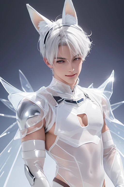Full full Body photorealistic 4k, high resolution, best quality, masterpiece, perfect color, perfect shade, perfect lighting, Posted by e621, ((portrait)), ((handsome man)), perfect male figure, Short hair details,chest muscles,abdominal muscles,Nakedness nudeness torso,wearing an white and silver transparent mesh overall latex spandex..Detailed face, perfect face, (stood up), Detailed background, ((Bonifasco Lighting)), (delicate eyes),((white transparent mesh overall latex spandex armor)),((animal ears)),white hair. Smiling