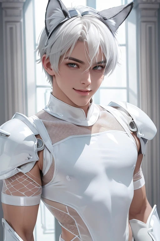 Full full Body photorealistic 4k, high resolution, best quality, masterpiece, perfect color, perfect shade, perfect lighting, Posted by e621, ((portrait)), ((handsome man)), perfect male figure, Short hair details,chest muscles,abdominal muscles,Nakedness nudeness torso,wearing an white and silver transparent mesh overall latex spandex..Detailed face, perfect face, (stood up), Detailed background, ((Bonifasco Lighting)), (delicate eyes),((white transparent mesh overall latex spandex armor)),((animal ears)),white hair. Smiling