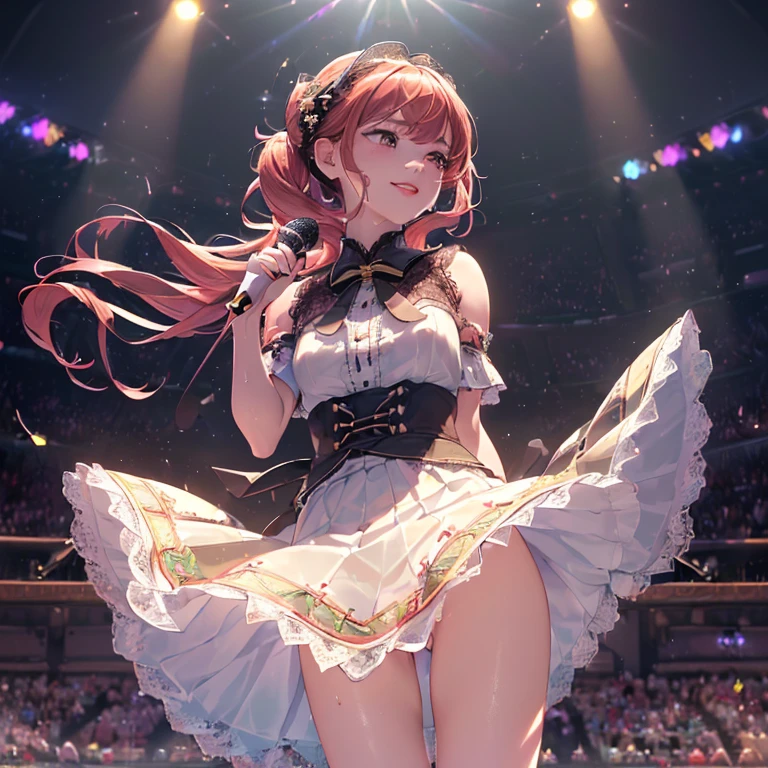Idol,IDOL costumes,stage,live,crowd,background_Penlight,Hold the microphone,Singing passionately,Flying sweat,Heat,vapor,sing,from outside,((tiered layers skirt)),(((lace trimmed))),(((embroidery))),(((hair blowing in the wind))),((strong_wind)),(diffraction of light:1.2),(tyndall effect:1.2),(pale red lip:1.2),(fuller lips:1.3),(beeline:1.6),(sense of depth:1.6),(highest quality:1.6),(32K:1.6),(HDR1.6),(Ultra-high resolution:1.6),(RAW:1.6),(Realism:1.6),(masterpiece:1.6),(Intricate details:1.5),(Delicate and beautiful details:1.5),(Detailed eyes:1.1),(Detailed facial features:1.2),(glossy lips:1.3),(madeon:1.6),(perfect anatomy:1.6),(best illuminate:1.5),(cinematic shadows:1.5),(absolutely resolution:1.6),(incredibly absurdres:1.6),(highres:1.6),(refraction:1.3),(ultra detailed:1.6),(smile:1.3),