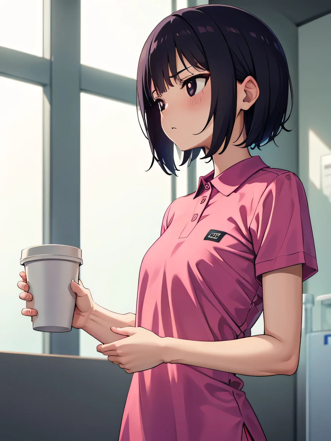1. Beautiful girl in a magenta polo shirt, short hair, Small breasts, Embarrassing, Beautiful fingers, Shyness, worries, Black Hair, No underwear, Bending over, naked, nude, black eyes, hospital, beautiful, cute, high quality, short sleeves No bra White paper cup