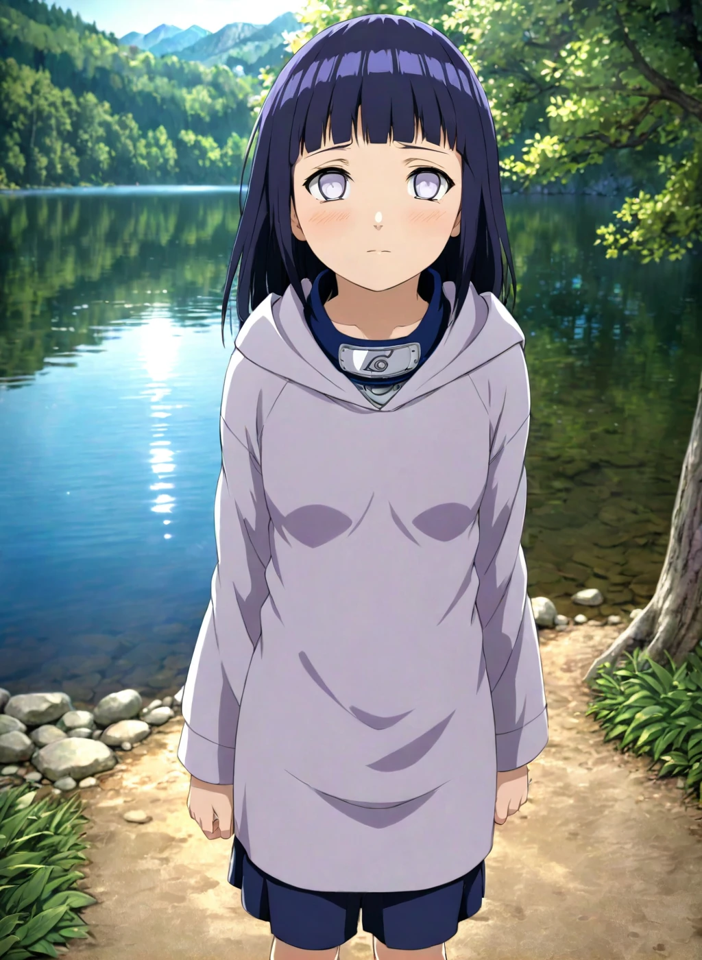  close-up front, -Hinata, (arms behind back), long hair, walk next to lake, [enchanting, surreal, studio lighting, HDR, UHD, K]