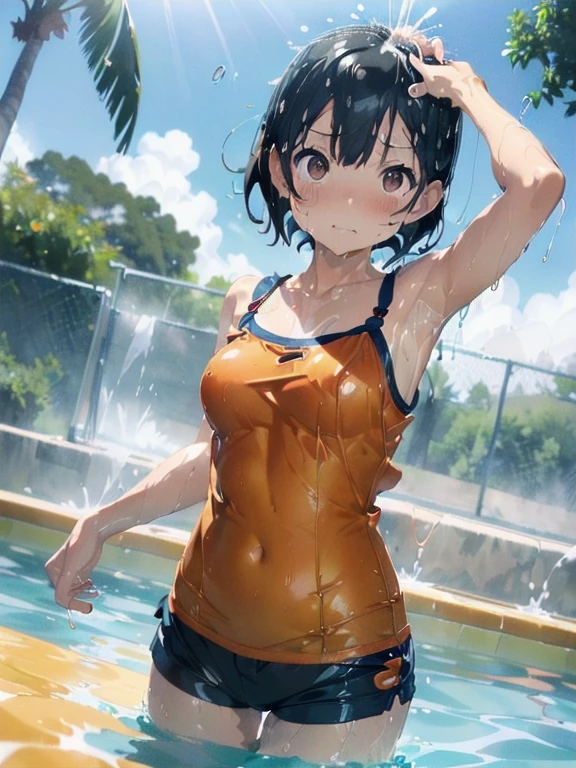 (Orange swimsuit(camisole):1.2),(Navy blue shorts:1.2),(ぬるぬるローションでSoaking wet:1.5),Pool(Soaking wet,ぬるぬるローションPool),