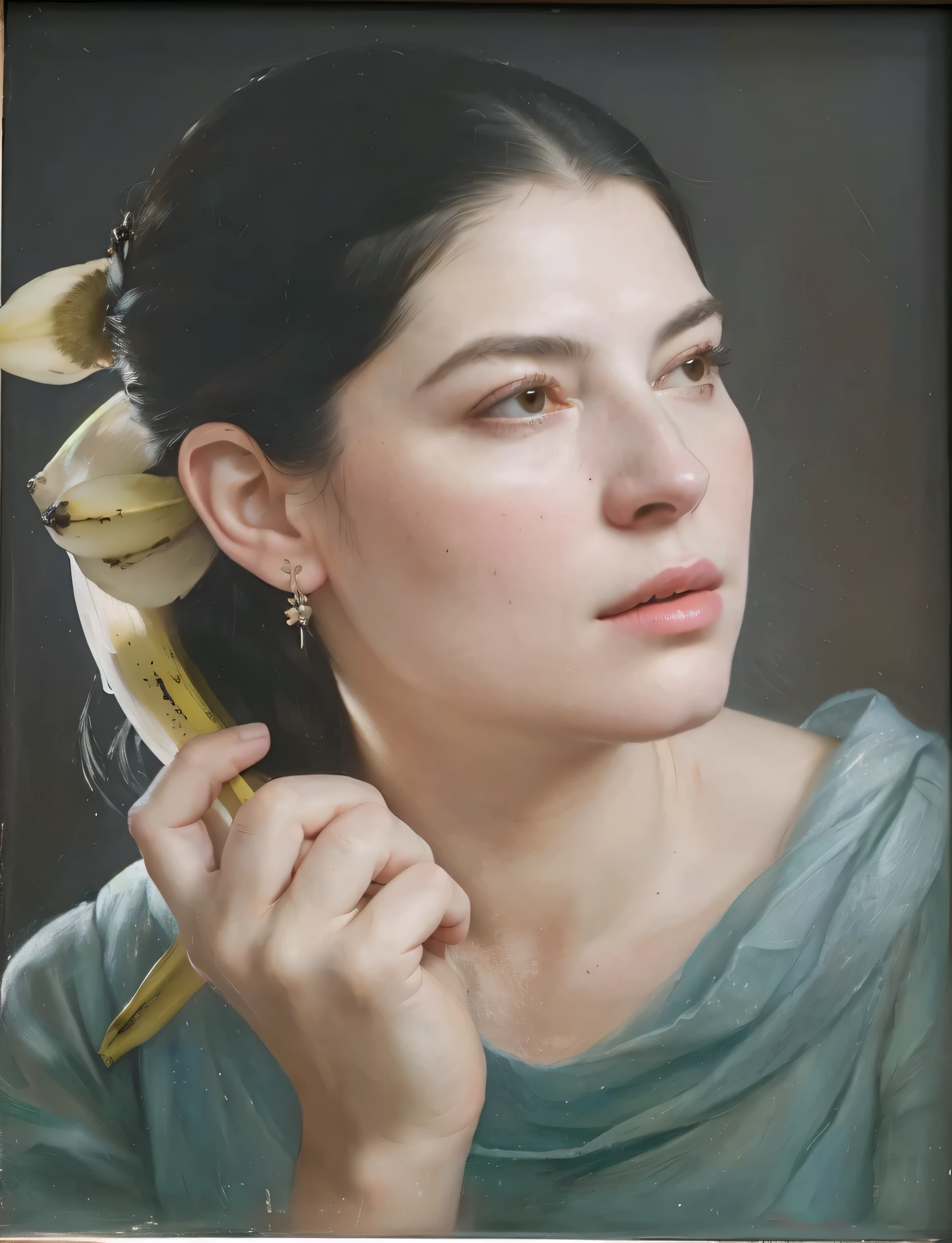there is a woman with a bird on her head holding a banana, inspirado por Artemisia Gentileschi, inspirado por Orazio Gentileschi, inspirado por Kahlo, inspirado por Dora Maar, inspired by Verónica Ruiz de Velasco, inspirado en Johannes Vermeer, inspirado por Henriette Wyeth, inspired by Marina Abramović, retrato en color