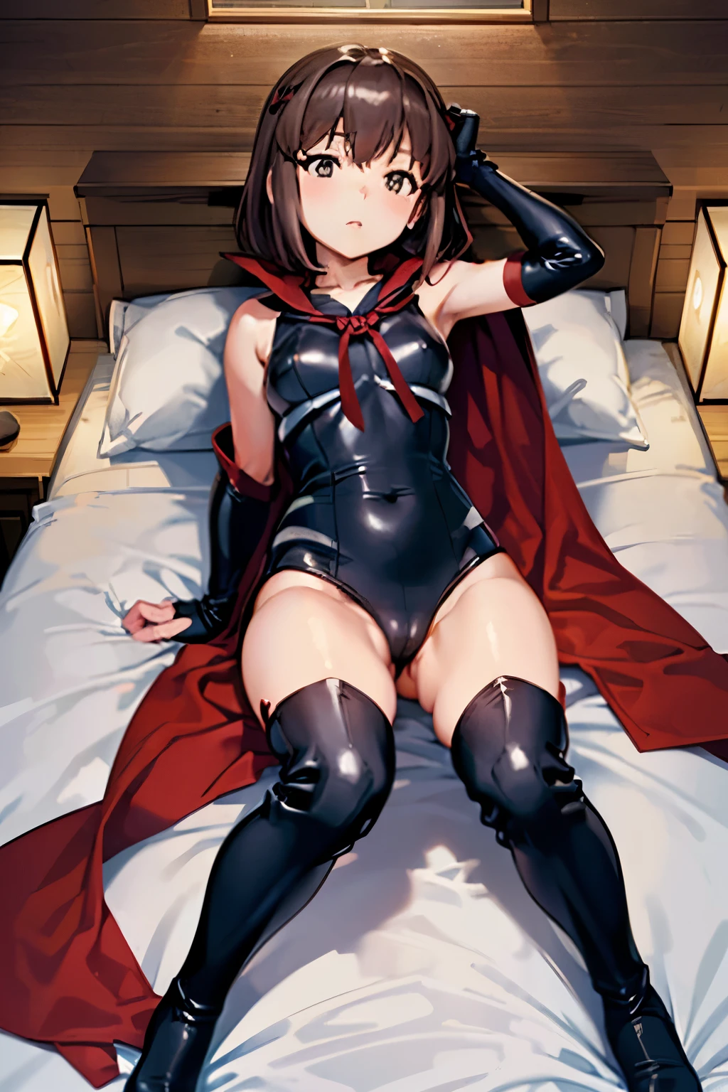 Taeko Kondo、Girls&Panzer、Brown Hair、Short Hair、((Thigh-high boots))、Photo from below、Medium chest、Bedroom、(Doronjo)、Red ribbon、Black gloves、leotard、Cape、Leg spread