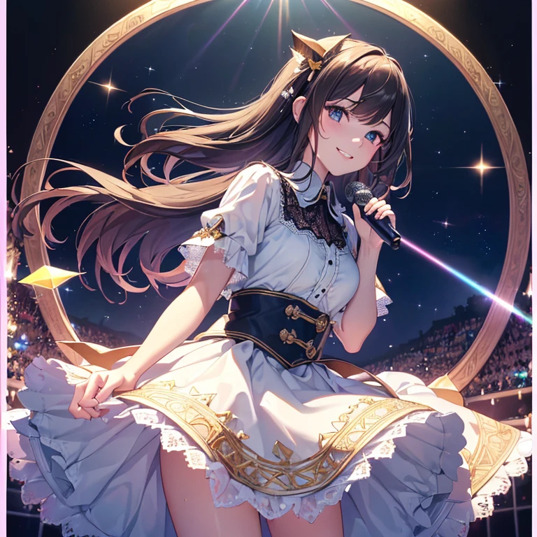Idol,IDOL costumes,stage,live,crowd,background_Penlight,Hold the microphone,Singing passionately,Flying sweat,Heat,vapor,sing,from outside,((tiered layers skirt)),(((lace trimmed))),(((embroidery))),(((hair blowing in the wind))),((strong_wind)),(diffraction of light:1.2),(tyndall effect:1.2),(fuller lips:1.1),(beeline:1.3),(sense of depth:1.3),(highest quality:1.2),(32K:1.2),(HDR1.2),(Ultra-high resolution:1.2),(RAW:1.2),(masterpiece:1.2),(Intricate details:1.2),(Delicate and beautiful details:1.2),(Detailed eyes:1.1),(Detailed facial features:1.1),(glossy lips:1.1),(madeon:1.2),(perfect anatomy:1.1),(best illuminate:1.2),(cinematic shadows:1.2),(absolutely resolution:1.1),(incredibly absurdres:1.1),(highres:1.1),(refraction:1.3),(ultra detailed:1.1),(smile:1.3),