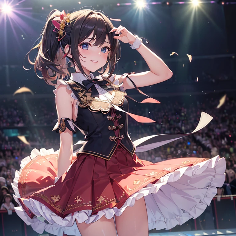 Idol,IDOL costumes,stage,live,crowd,background_Penlight,Hold the microphone,Singing passionately,Flying sweat,Heat,vapor,sing,from outside,((tiered layers skirt)),(((lace trimmed))),(((embroidery))),(((hair blowing in the wind))),((strong_wind)),(diffraction of light:1.2),(tyndall effect:1.2),(fuller lips:1.1),(beeline:1.3),(sense of depth:1.3),(highest quality:1.2),(32K:1.2),(HDR1.2),(Ultra-high resolution:1.2),(RAW:1.2),(masterpiece:1.2),(Intricate details:1.2),(Delicate and beautiful details:1.2),(Detailed eyes:1.1),(Detailed facial features:1.1),(glossy lips:1.1),(madeon:1.2),(perfect anatomy:1.1),(best illuminate:1.2),(cinematic shadows:1.2),(absolutely resolution:1.1),(incredibly absurdres:1.1),(highres:1.1),(refraction:1.3),(ultra detailed:1.1),(smile:1.3),